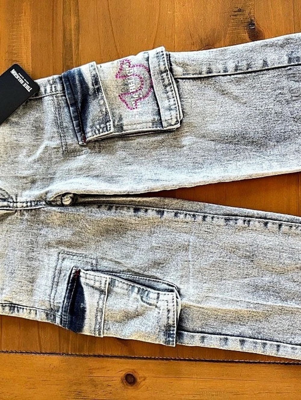 True Religion Leila Mid Rise Wide Leg Cargo Jeans Blue Size 5